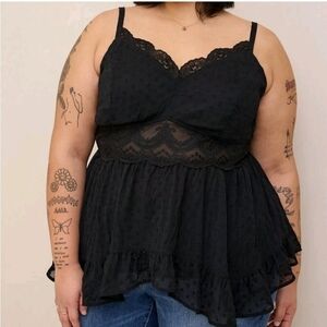 Torrid Clip Dot Babydoll Cami Tank Black Size 3 / 3X Ruffle Lace Straps Goth